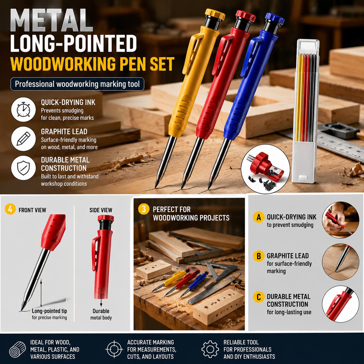 Marking Tools In Workshop - Metal Long Tip Woodworking Pencil with